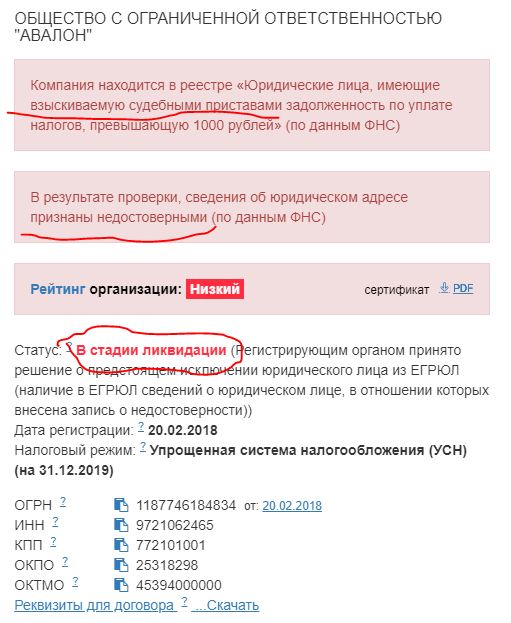 Информация о проверке ООО Авалон ОГРН 1187746184834